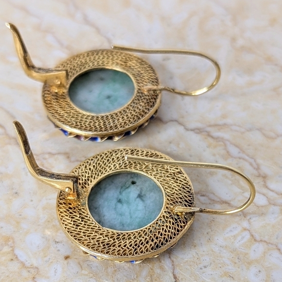 Vintage Chinese Jadeite Filigree Gilt Silver Carved Jade Enamel Dangle Earrings - Picture 7 of 10